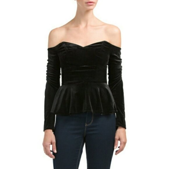 Wayf Tops - NWT Wayf Serena Black Velvet Off Shoulder Peplum Top Sz. S